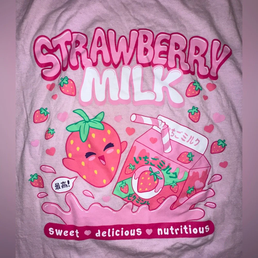 Juniors Pink "Strawberry Milk" Graphic Cartoon Kawaii Tee - Picture 2 of 5